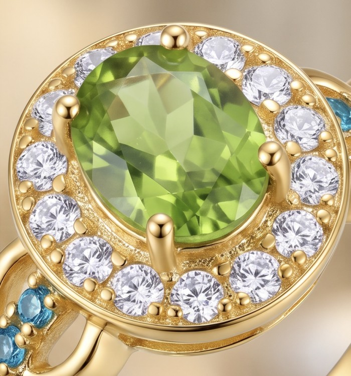 Emily 3.8 carat Peridot 18K Gold over .925 Sterling Silver Handcrafted Ring size 6 - Stone close-up of Emily 3.8 carat Peridot in 18K Gold over Sterling Silver