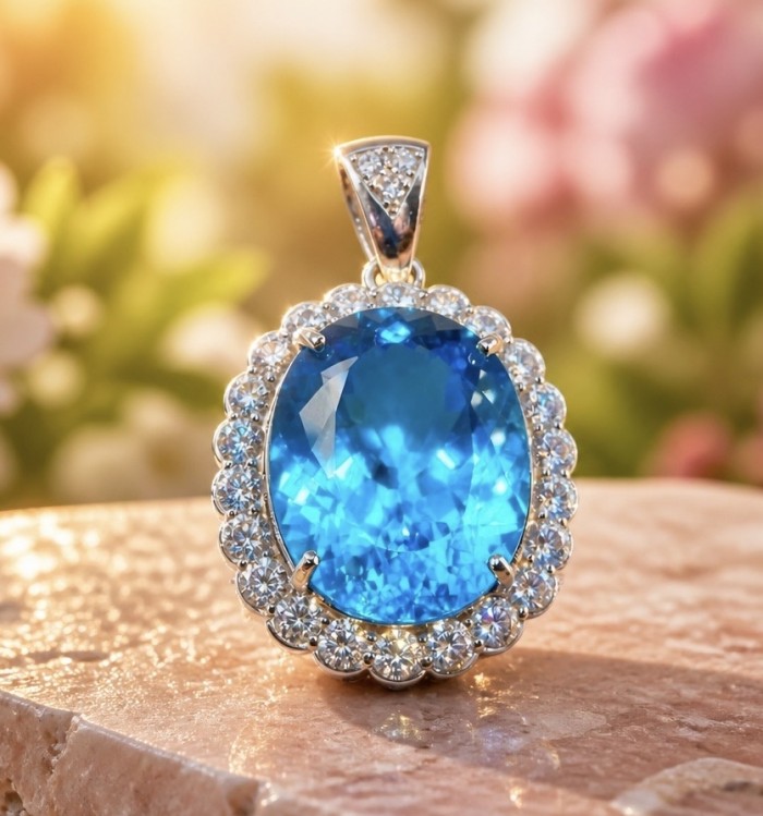 Tiffany Incredible oval cut 45.4 carat Swiss Blue Topaz rhodium over .925 Sterling Silver handcrafted pendant - Close-up of oval-cut 45.4 carat Swiss Blue Topaz pendant with diamonds