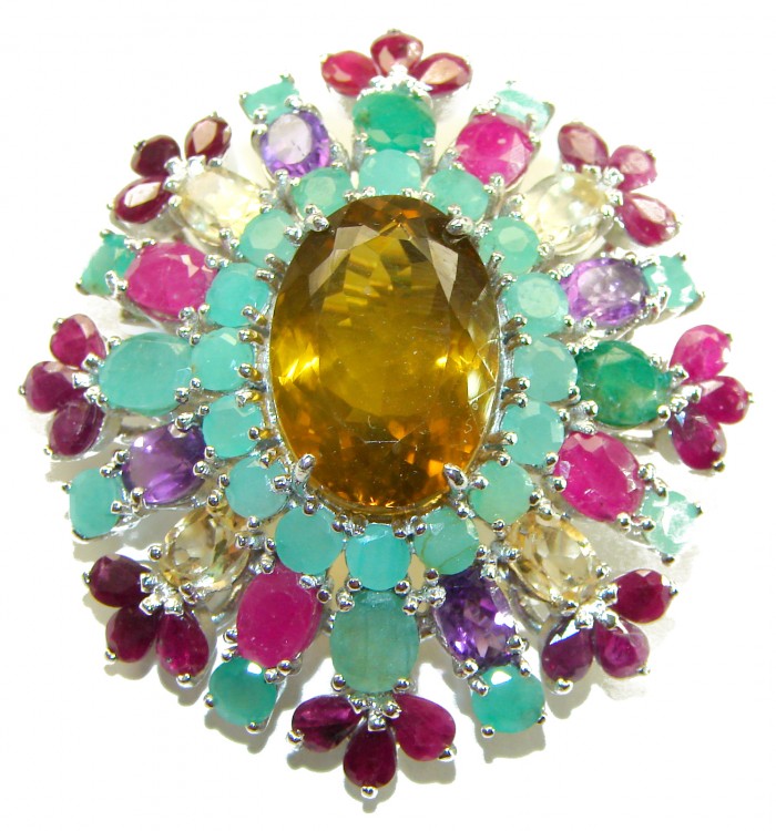 Luxury genuine 48.5 CARAT Champagne Topaz .925 Sterling Silver handmade Pendant Brooch - Front view of gemstone-studded brooch with central champagne topaz