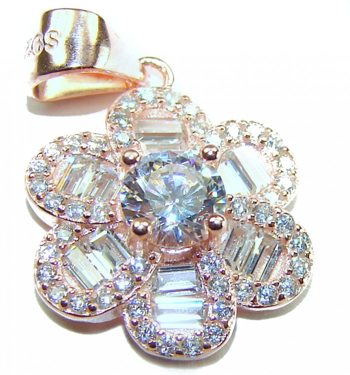Art deco Floral design2.1 carat White Topaz .925 Sterling Silver dipped in 18K Rose Gold handcrafted Pendant - Close-up of floral Art Deco pendant with white topaz stones.