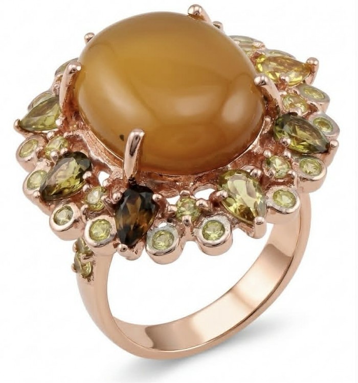 Wonderland Natural 27.4 carat Hessonite Garnet .925 Sterling Silver dipped in 18K ROSE GOLD handmade Large Statement Ring size 8 - Side view of Wonderland Hessonite Garnet ring in rose gold setting.