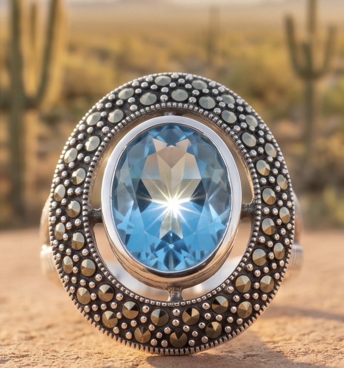 Dolce Vita 25.3 carat genuine Swiss Blue Topaz .925 Sterling Silver dipped rhodium handcrafted Large ring size 6 - Close-up of Swiss Blue Topaz ring with marcasite details.