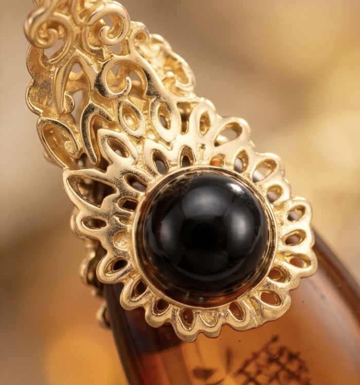 Prehistoric Authentic Baltic Amber 18K Gold over .925 Sterling Silver beautifully handcrafted Pendant - Close-up of 18K gold and Baltic amber with intricate design.