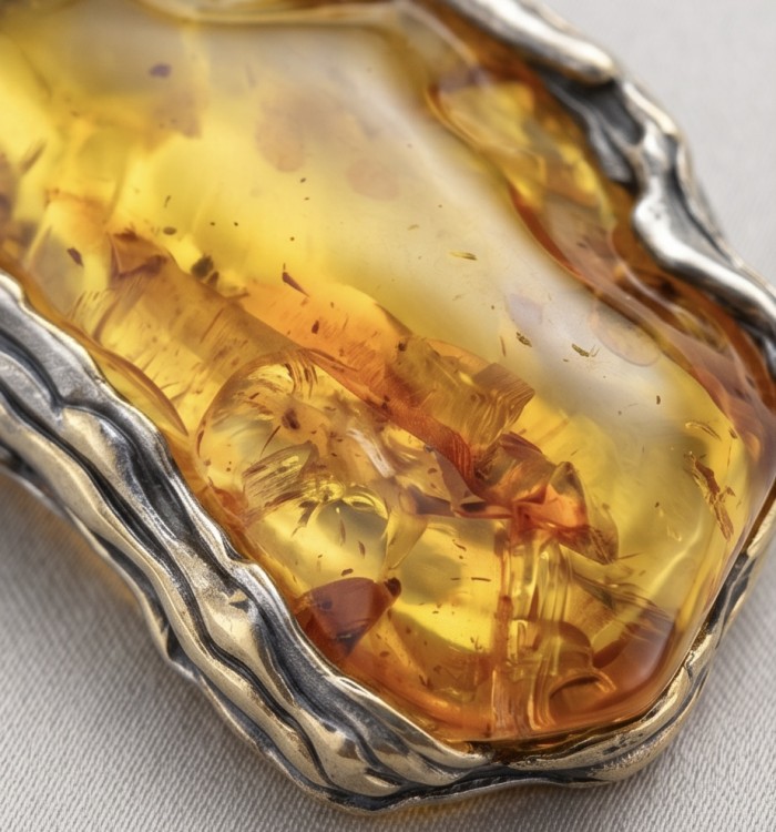 Massive Prehistoric Authentic Golden Baltic Amber rhodium over .925 Sterling Silver beautifully handcrafted Pendant - Close-up of Baltic amber stone with silver setting detail