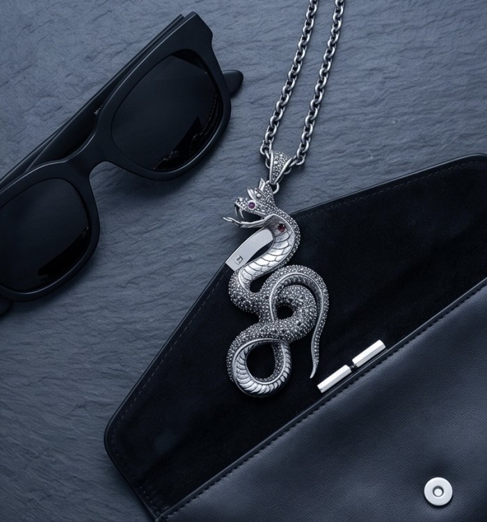 Large 2 5/8 inches long Cobra Snake genuine Marcasite .925 Sterling Silver handmade Pendant - Cobra necklace with sunglasses and clutch, overhead view.