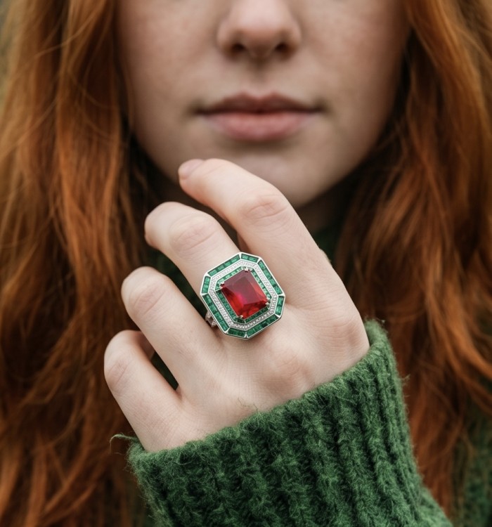 Art Deco 19.4 ctw Ruby Emerald .925 Sterling Silver handcrafted Large Statement Ring size 8 1/4 - Ruby emerald ring on hand, close-up view.