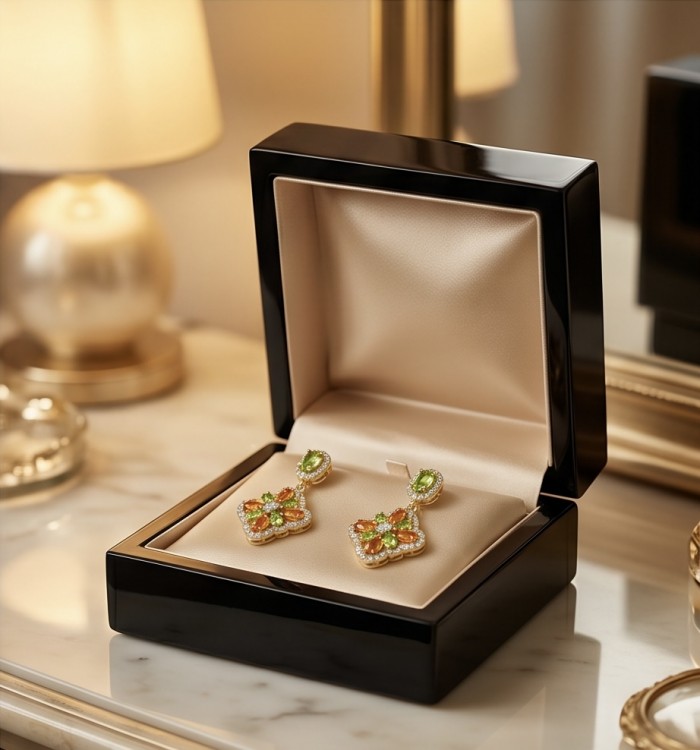 Giovanna - Genuine 4.6 carat orange Sapphire 22K Gold over .925 Sterling Silver handcrafted Statement Earrings - Giovanna orange sapphire earrings in open display box on a vanity.
