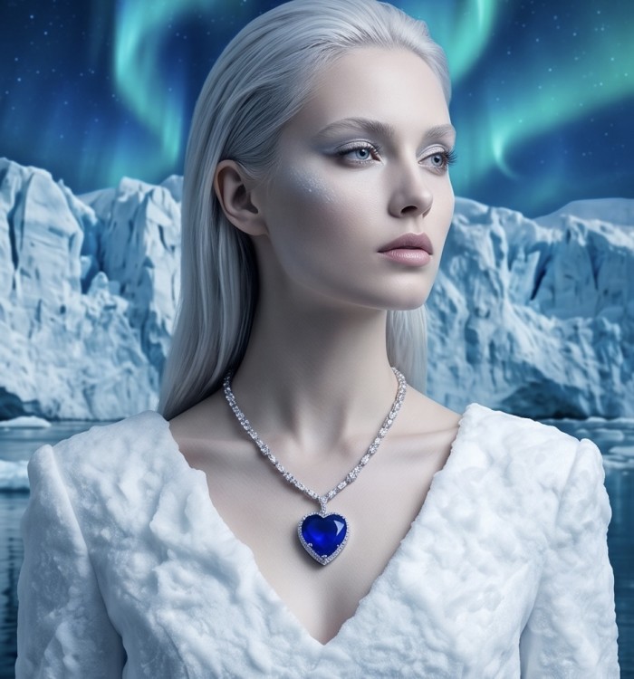 Titanic - Heart of The Ocean Necklace ~ 24.5 Ct Blue Sapphire Necklace In 925 Sterling Silver necklace - Woman wearing Heart of the Ocean necklace, icy backdrop, side view