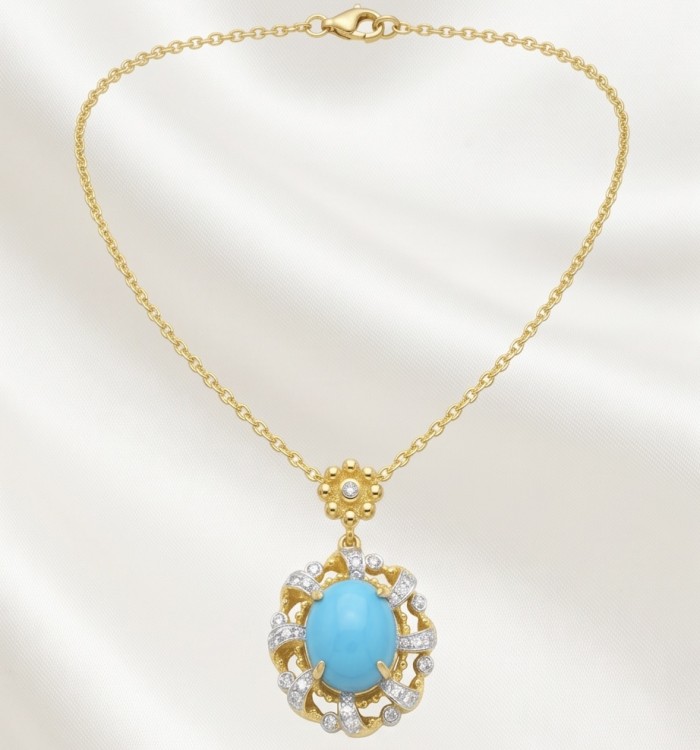 Sofia - authentic Sleeping Beauty Turquoise 22K Gold over .925 Sterling Silver handcrafted Statement necklace - Turquoise gold necklace with diamond accents on a satin background, front view