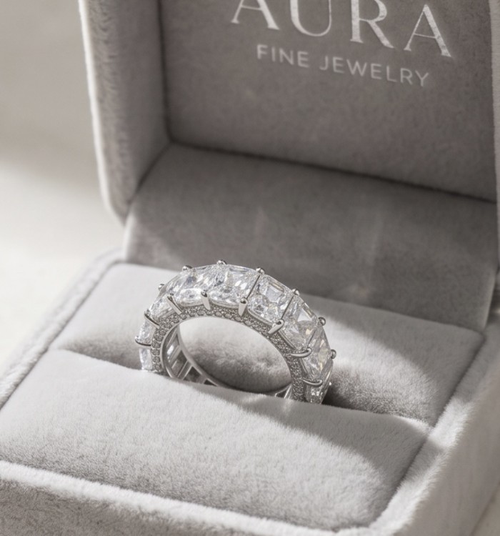 Eternity- 14.8 carat White Topaz Silver tone handcrafted Soild ring size 6 - Eternity ring, side view in box, 14.8 carat white topaz and silver tone.