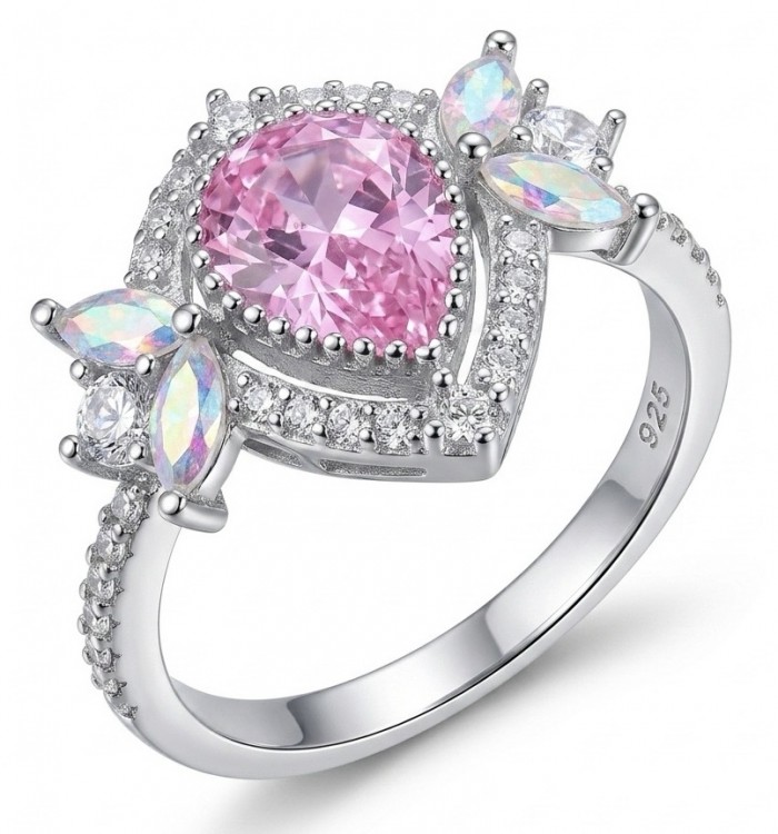 Isabella - Light Pastel 4.7 carat Kunzite .925 Silver handcrafted Cocktail Ring s. 7 1/2 - Side view of Isabella ring with pink kunzite and silver band detailing.