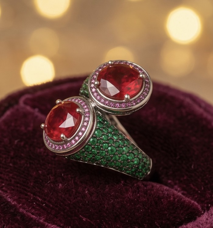 Giovanna Natural 8.6 carat Ruby pave Emerald .925 Sterling Silver dipped rhodium handmade Statement Ring size 8 - Close-up of Giovanna ring with ruby and emerald pave detail