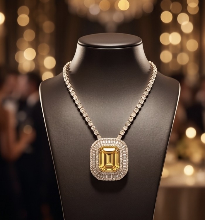 Art Deco - Luxurious asscher cut 14.7 carat Yellow Sapphire rhodium over .925 Sterling Silver handcrafted necklace - Front view of asscher cut 14.7 carat yellow sapphire necklace on display.