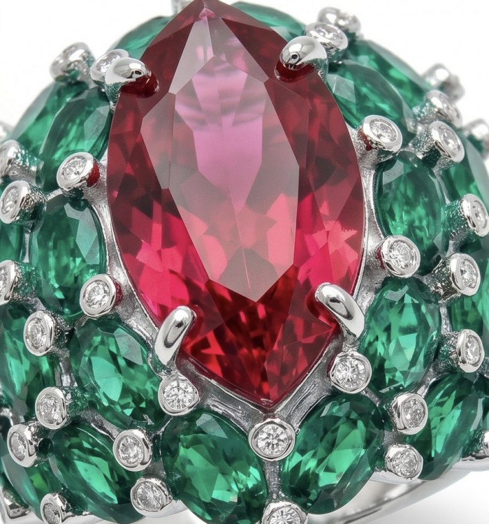 Giovanna 28.6 carat Ruby Emerald .925 Sterling Silver dipped rhodium handmade Huge Statement Ring size 7 - Close-up of ruby and emerald stones on silver jewelry piece