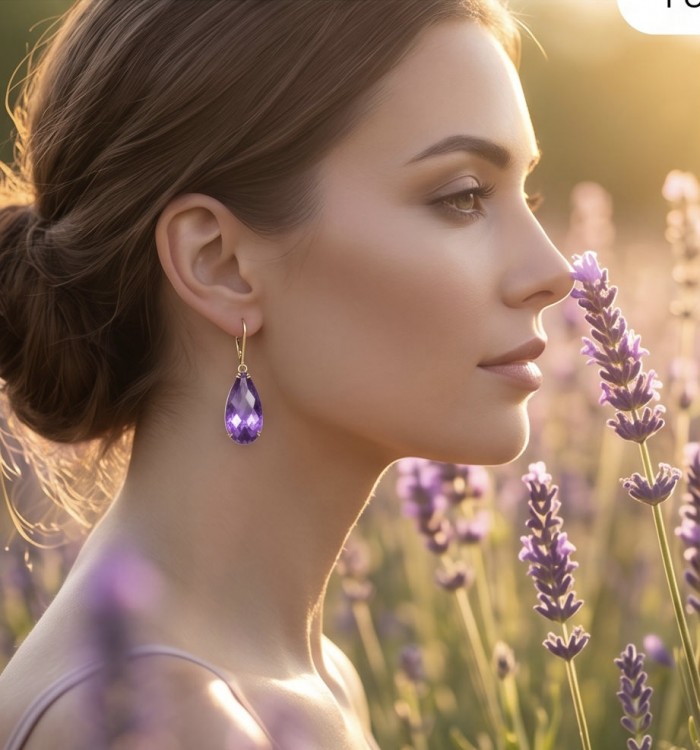 Natural 22.6 carat fancy pear cut Amethyst 14K Gold over .925 Sterling Silver handmade earrings - Side view of amethyst earrings worn by woman, lavender field background.