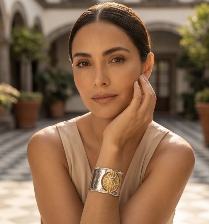 Renewal - Byzantine design 14K Gold over .925 Sterling Silver handcrafted Bracelet / Cuff - Woman wearing Byzantine bracelet, front view.