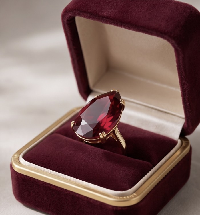 Carmen Natural 25.4 carat Ruby .925 Sterling Silver dipped in 22K Gold handmade Large Statement Ring size 8 - Ruby ring in a velvet box, close-up of stone and setting.