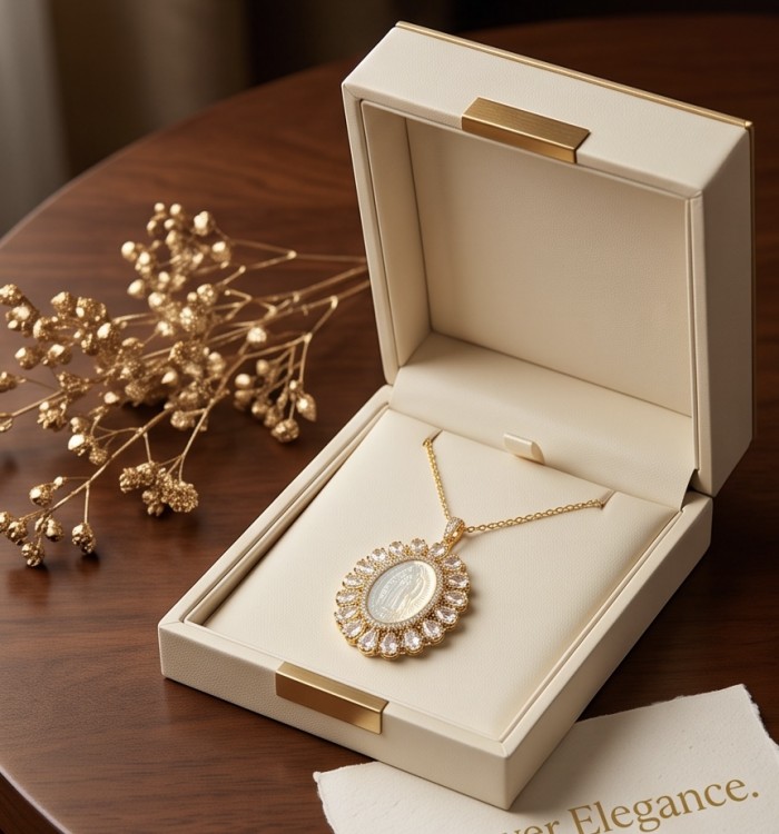 Virgin MARY Precious Blister Pearl 18K Gold over .925 Sterling Silver Necklace - Pendant necklace in open box on table, side view with gold accents.