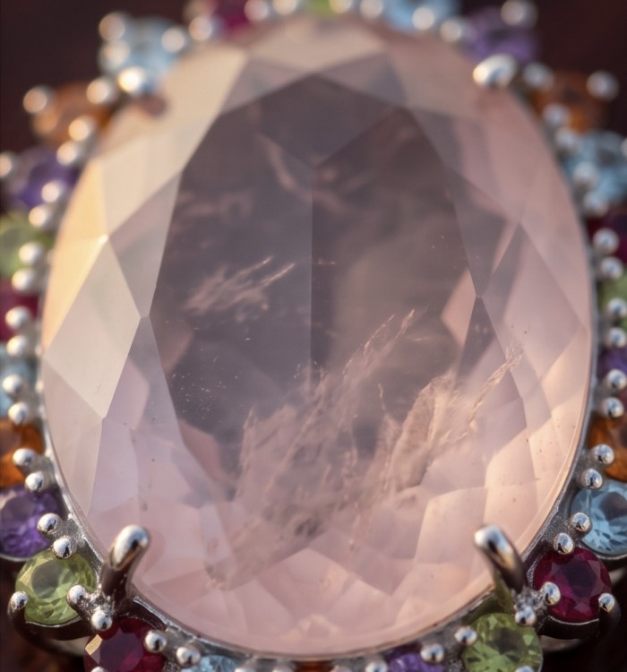 Brazilian Beauty 28.5 carat ROSE QUARTZ rhodium over .925 Sterling Silver handcrafted pendant - Close-up of Brazilian Beauty 28.5 ct rose quartz pendant with gems.