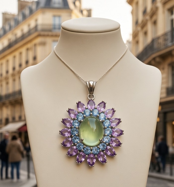 Wise Bliss Authentic 14.6 carat Prehnite Aquamarine .925 Sterling Silver dipped in Rhodium handmade Pendant - Pendant front view with prehnite and aquamarine gemstones