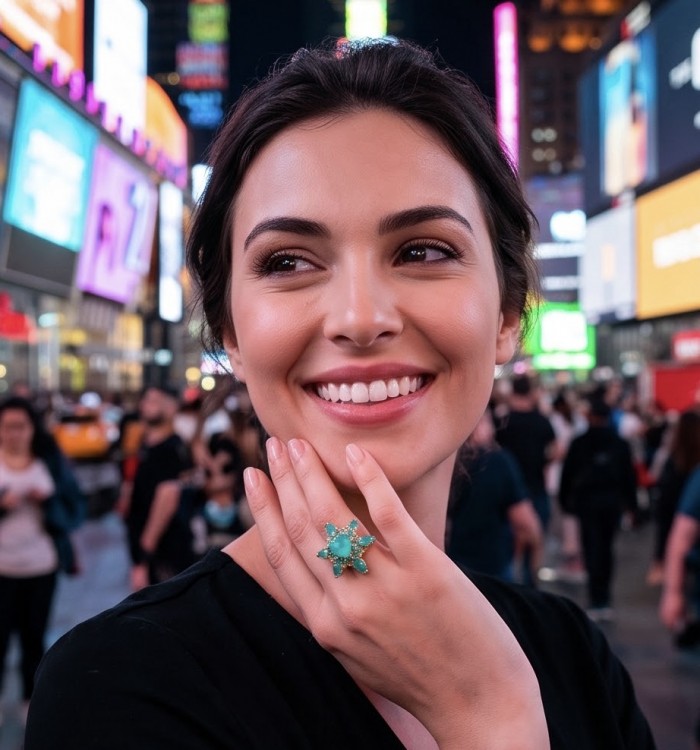 Elizabeth trillionl cut 12.8 carat top quality Colombian Emerald .925 Sterling Silver dipped in 22K Gold handcrafted Ring size 7 - Woman wearing Elizabeth 12.8 carat Colombian emerald ring, hand shown.