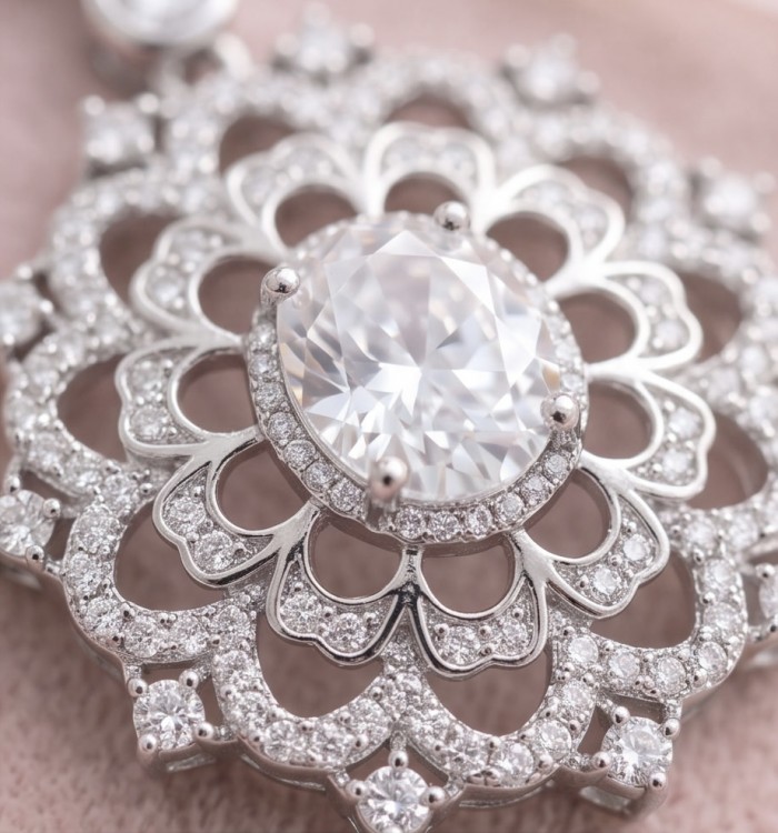 Modern design Natural 14.5 carat White Topaz rhodium over .925 Sterling Silver handcrafted earrings - Close-up of modern 14.5 carat white topaz pendant with rhodium detail.