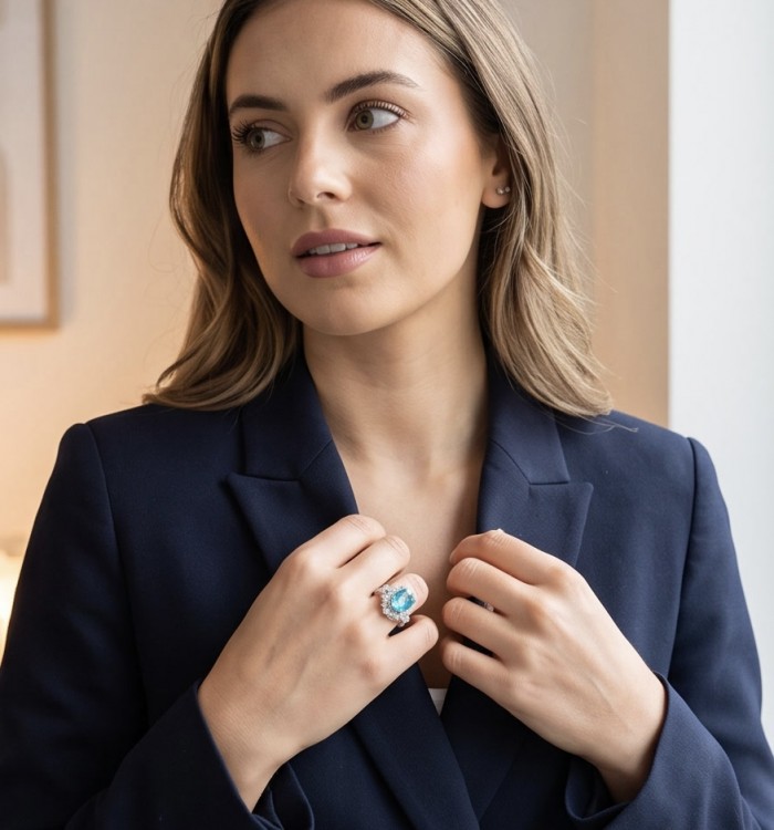 Mesmerizing 14.8 carat Aquamarine rhodium over .925 Sterling Silver handcrafted ring size 8 1/4 - Woman wearing blue aquamarine ring on hand, front view.