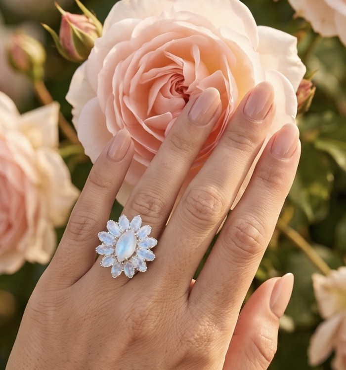 Large Blue Cascade 29.5 carat Rainbow Moonstone rhodium over .925 Sterling Silver handmade ring s. 8 - Worn on hand, large blue moonstone ring next to a pink rose.