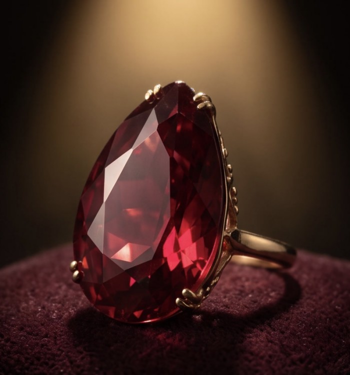 Carmen Natural 25.4 carat Ruby .925 Sterling Silver dipped in 22K Gold handmade Large Statement Ring size 5 3/4 - Close-up of Carmen 25.4 carat Ruby ring on a soft surface