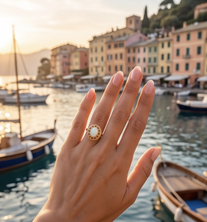 Endless Ocean Genuine 14.5 carat doublet Australian Opal 18K Gold over .925 Sterling Silver handmade Ring size 9 - Worn on hand against a scenic harbor background with colorful buildings