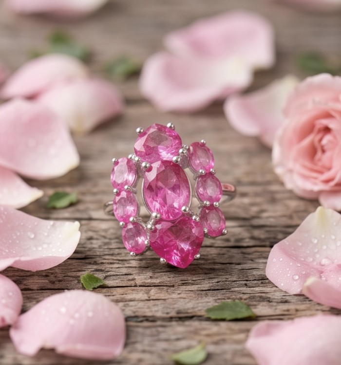 Isabella 10.2 carat Hot Pink Topaz .925 Sterling Silver Perfectly handcrafted Statement Ring size 7 - Top view of pink topaz ring with petals and roses backdrop.