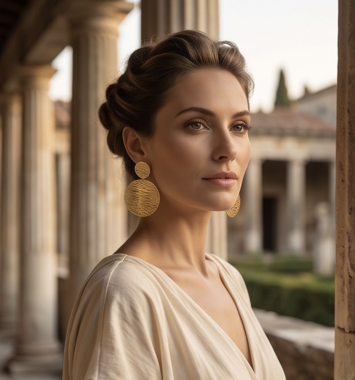 Dubai Style - .925 Sterling Silver dipped in 22K Gold handmade Earrings - Woman wearing Dubai Style gold earrings, side view, elegant backdrop