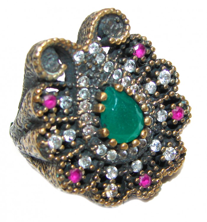 Victorian Style created Emerald & White Topaz Copper over Sterling Silver ring; s. 6 1/2 - photo 1