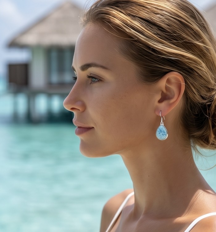 Caribbean Beauty Genuine 10.5 carat Blue Larimar .925 Sterling Silver handmade earrings - Side view of woman wearing 10.5 carat Blue Larimar earrings.