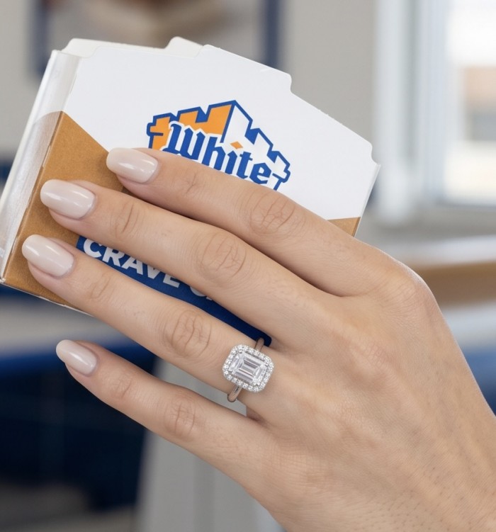 Esmeralda - Precious 4.5 carta White Topaz rhodium over .925 Sterling Silver Statement ring size 9 - White topaz ring worn on hand, holding a fast food carton.