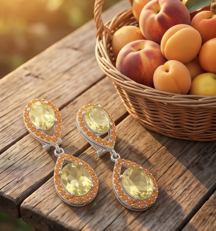Fiesta Authentic 12.5 carat Brazilain Citrine .925 Sterling Silver dipped in Rhodium over brilliantly handcrafted earrings - Fiesta earrings with Brazilian Citrine, basket of peaches in background.