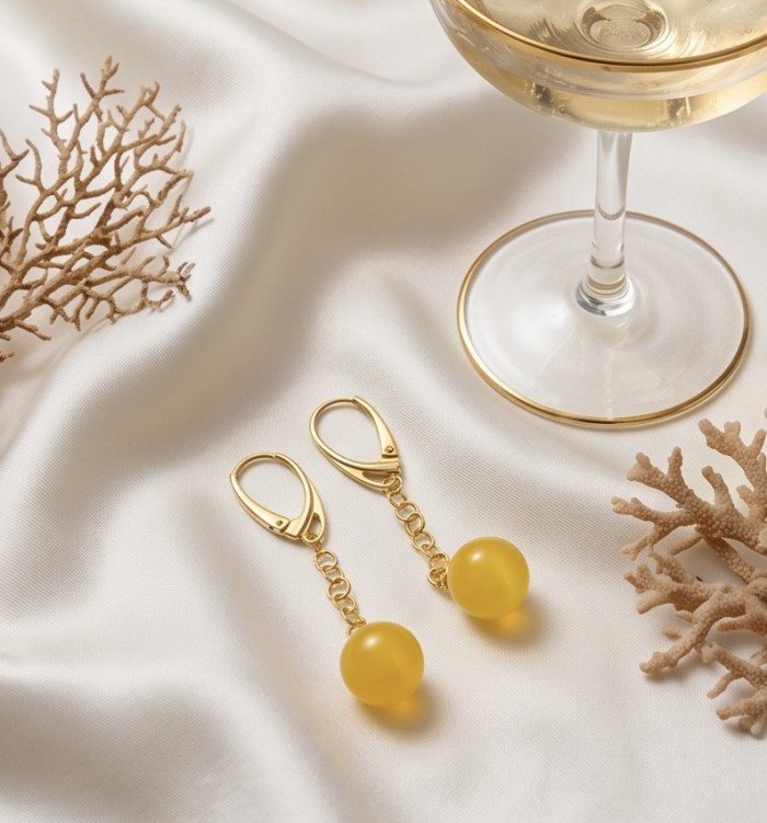 Very Special product - Wonderful Butterscotch Baltic Amber .925 Sterling Silver DIPPED IN 18k Gold entirely handcrafted earrings - Earrings with butterscotch Baltic amber on satin with coral and glass.