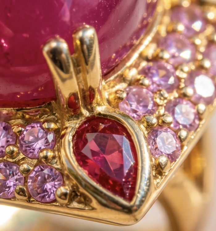 Bella Rosa Genuine 19.5 CARAT MOZAMBIQUE Ruby 22K Gold over .925 Sterling Silver Statement Ring size 7 - Close-up of Bella Rosa Mozambique Ruby in 22K gold setting.