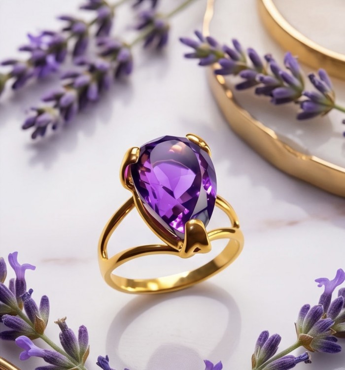 Lavender Love 10.5 carat natural Amethyst 18K Gold over .925 Sterling Silver Handcrafted Ring size 10 1/4 - Amethyst ring close-up with lavender flowers, 18K Gold over .925