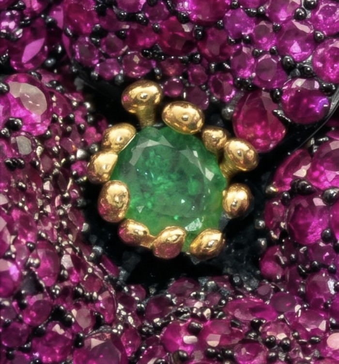 Black Label Collection - Retro Style - Rose Genuine 42.5 carat Ruby 2 tones .925 Sterling Silver dipped in rhodium handmade Pendant - Brooch - Stone close-up with green gem and pink stones, gold setting detail.