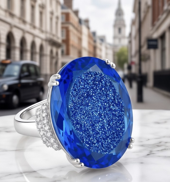 Paris Sky Blue 15.8 carat Swiss Blue Topaz .925 Sterling Silver dipped in rhodium handcrafted ring size 7 3/4 - Close-up of blue topaz ring on marble background, urban setting in view.