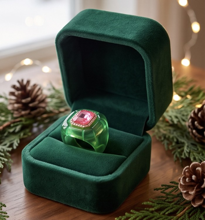 Candy Store - Modern Design Natural Green Raisin Pink Topaz .925 Sterling Silver ring size 8 - Bright green ring with pink topaz in open box, elegantly displayed.