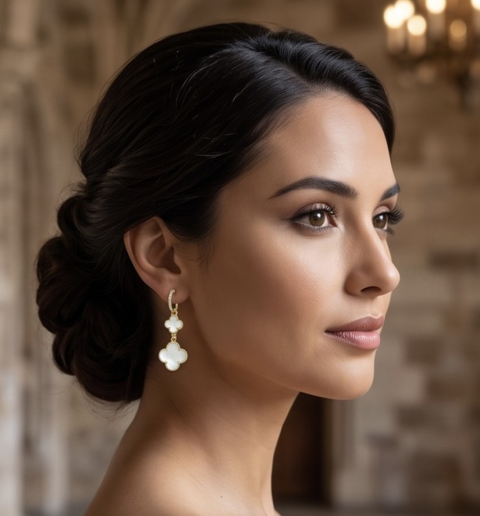Four leaf clover Genuine Blister Pearl lab grown Diamond 18K Gold over .925 Sterling Silver handcrafted Earrings - Side view: Four leaf clover earrings with pearl and diamonds, worn.