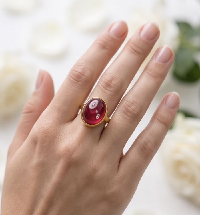 Giovanna 15.7 carat Kashmir Star Ruby .925 Sterling Silver dipped in 22K Gold handmade Statement Ring size 7 1/2 - Giovanna 15.7ct Kashmir Ruby worn on hand, side view