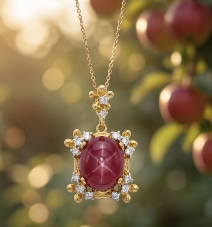 Rare finding - Deluxe 27.2 carat authentic Mozambique Ruby 22K Gold over .925 Sterling Silver handmade Statement Pendant - Close-up of 27.2 carat Mozambique Ruby pendant with diamonds.
