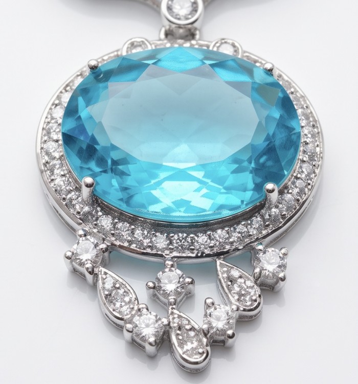 A Wild Ocean genuine 27.4 carat Paraiba Tourmaline .925 Sterling Silver handmade Statement necklace - Close-up of Wild Ocean Paraiba Tourmaline pendant with diamond accents.