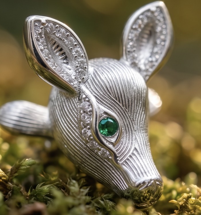 Deer'S Head 0.7 carat Emerald .925 Sterling Silver handmade Statement earrings - Close-up of deer head pendant with emerald in sterling silver.