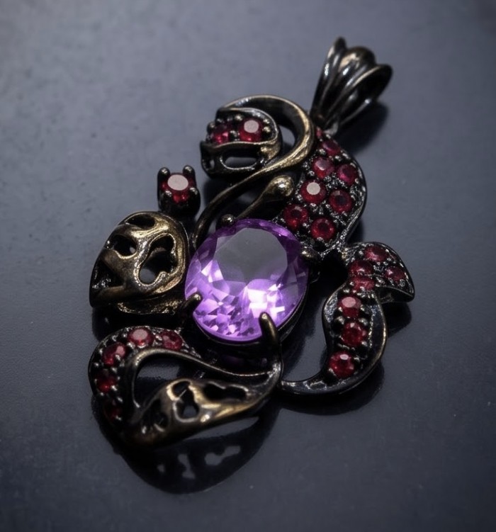 Beautiful Mystery 8.8 carat Precious Amethyst .925 Sterling Silver dipped in black rhodium handcarfted Pendant - Pendant with amethyst and red stones, top view, ornate design.
