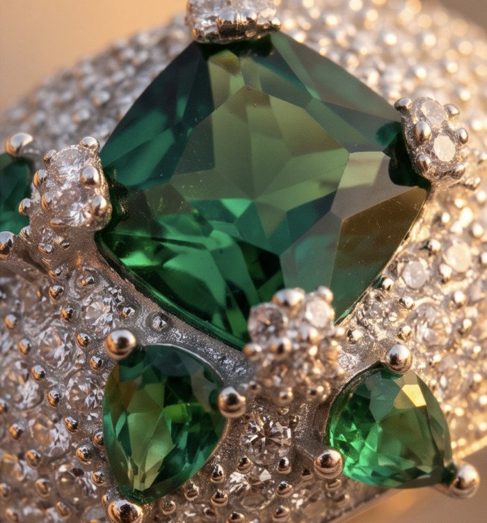 Luxurious 6.7 carat Colombian Emerald .925 Sterling Silver rhodium over handcrafted Ring s. 6 - Close-up of Colombian emerald on sterling silver jewelry with diamonds