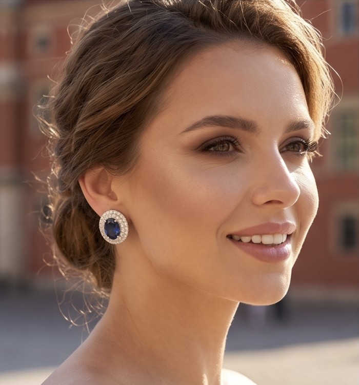 Giovanna - Authentic oval cut 4.9 carat Tanzanite .925 Sterling Silver handcrafted earrings - Woman wearing oval tanzanite earrings, side view.